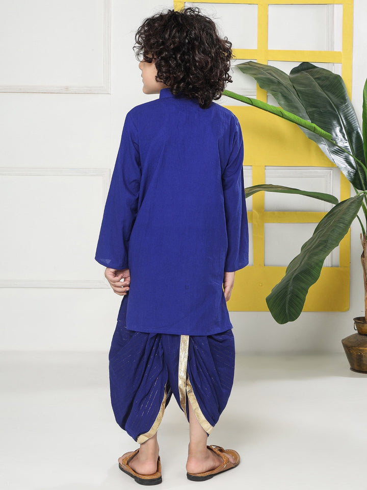 Blue Minimal Zari Embroidery Cotton Kurta Dhoti set | SHOBITAM