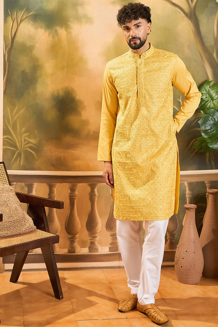 Yellow Silk Blend Solid Embroidered Straight Kurta | SHOBITAM