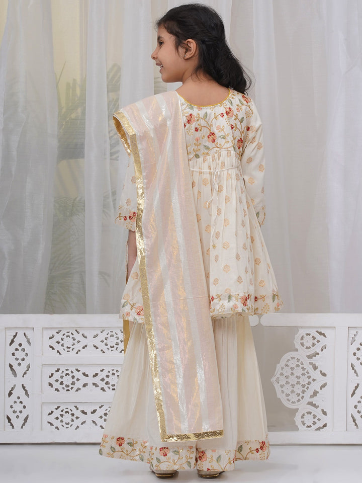 Girls Cotton Three Fourth Sleeves Frock Kurta with Sharara and Dupatta with Floral Embroidery & Zari Work - Cream | SHOBITAM