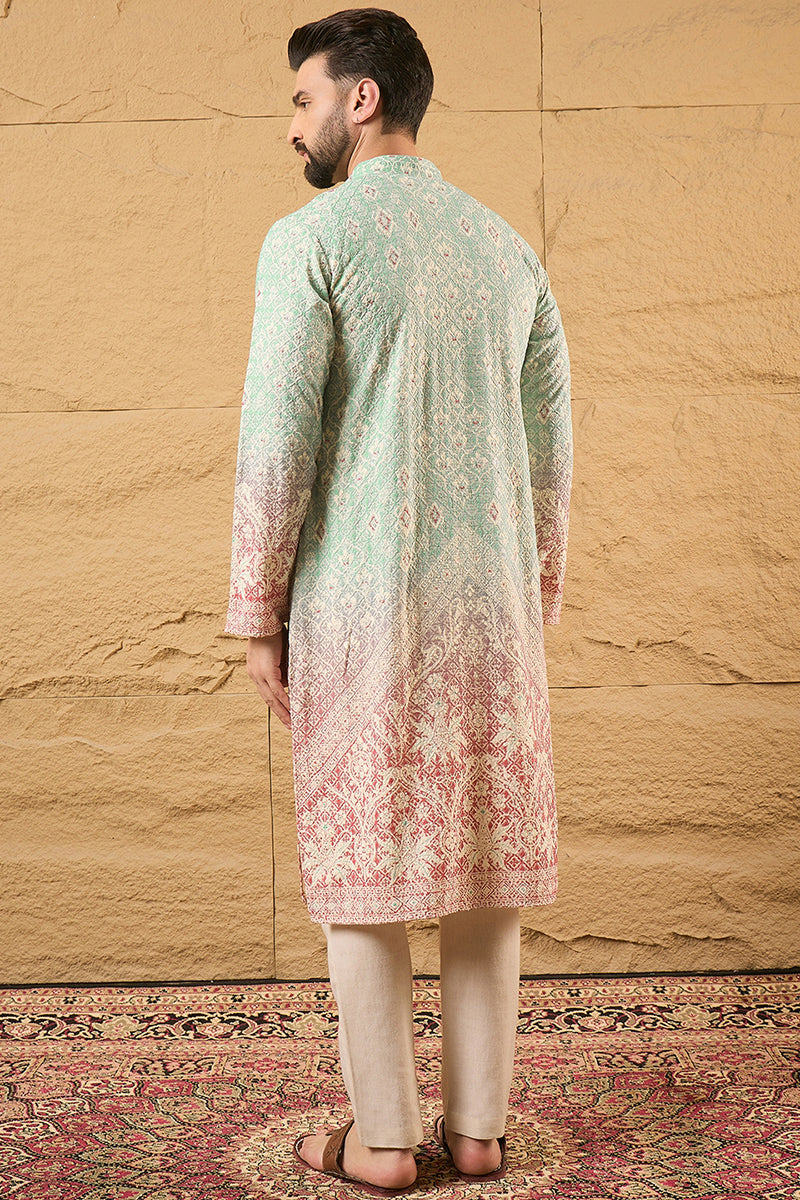 Teal Viscose Rayon Ethnic Motifs Embroidered Straight Kurta with Trouser  | SHOBITAM