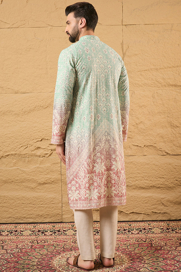 Teal Viscose Rayon Ethnic Motifs Embroidered Straight Kurta with Trouser  | SHOBITAM