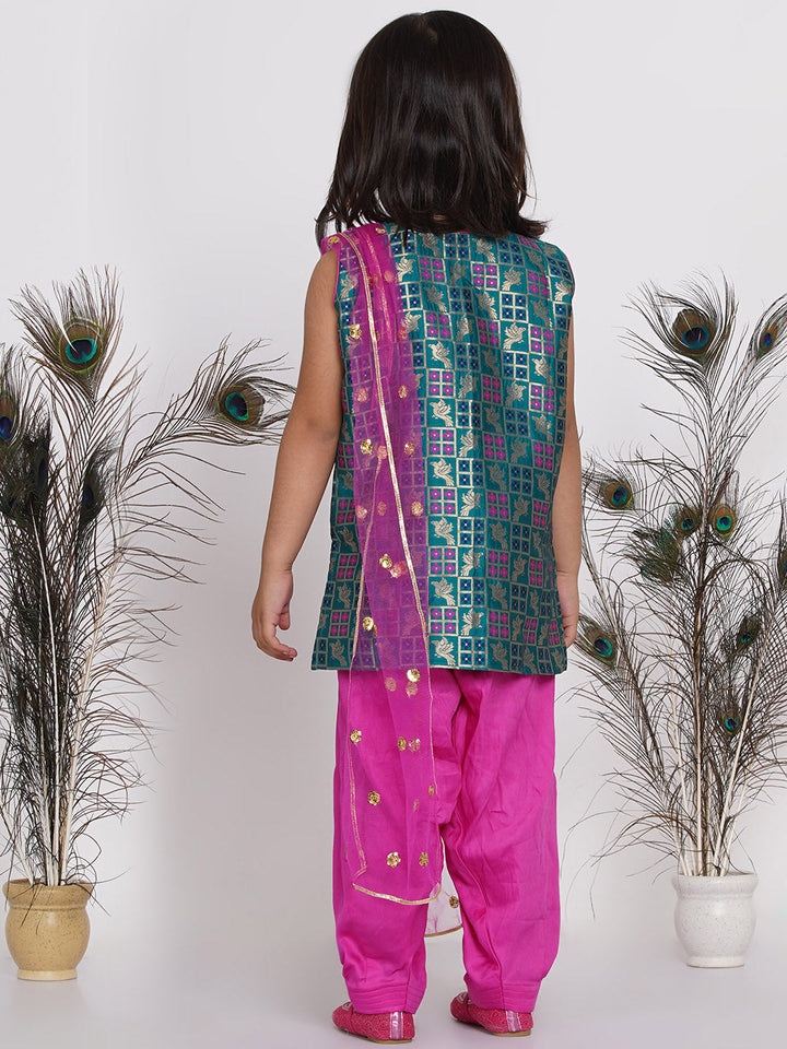 Girls Banarsi Kurta with Salwar and Dupatta - Peacock Green and Rani | SHOBITAM