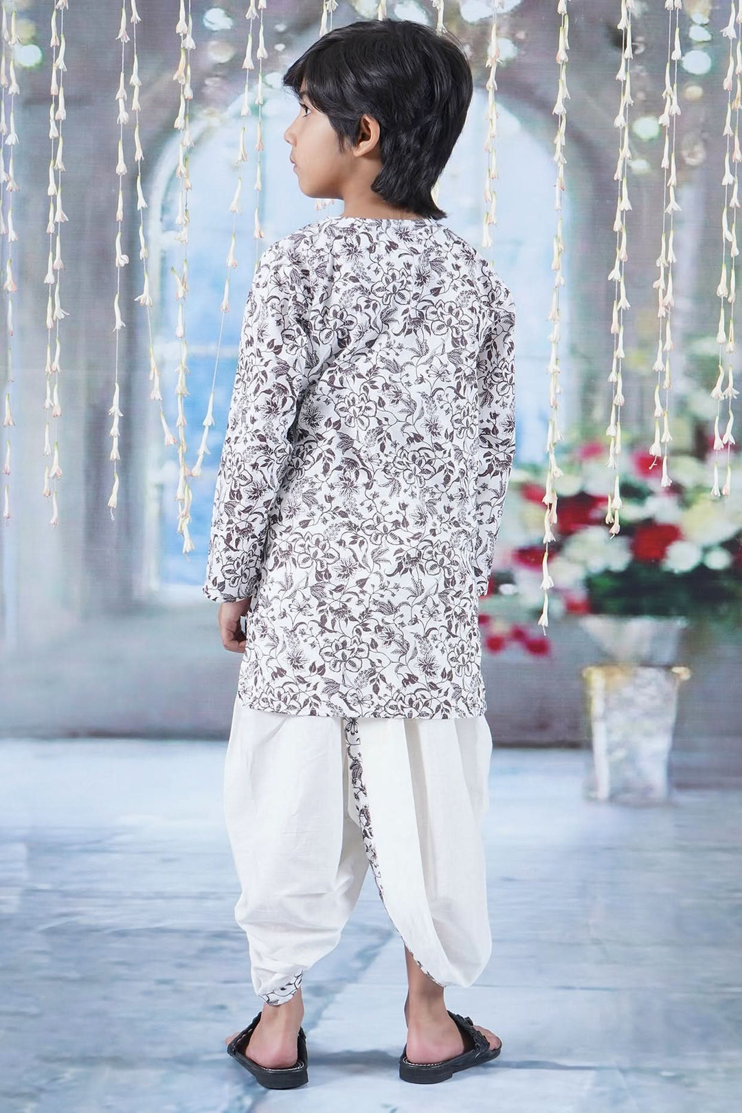 Boys Cotton Full Sleeves Kurta Dhoti with Brown Floral Print and Pearl Buttons - White | SHOBITAM