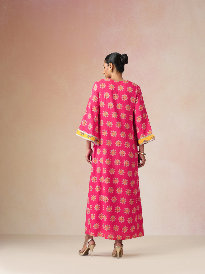 Pink Boota Print Viscose Straight Maxi Dress | SHOBITAM