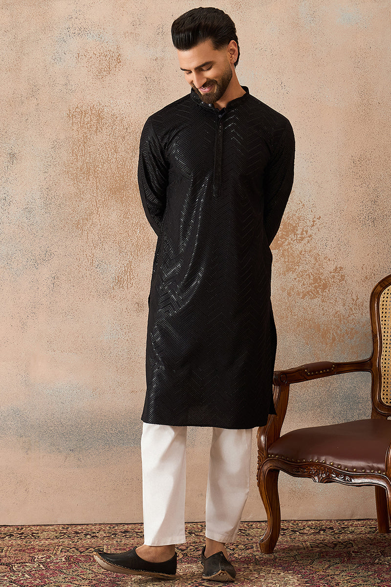 Black Rayon Embroidered Straight Kurta | SHOBITAM