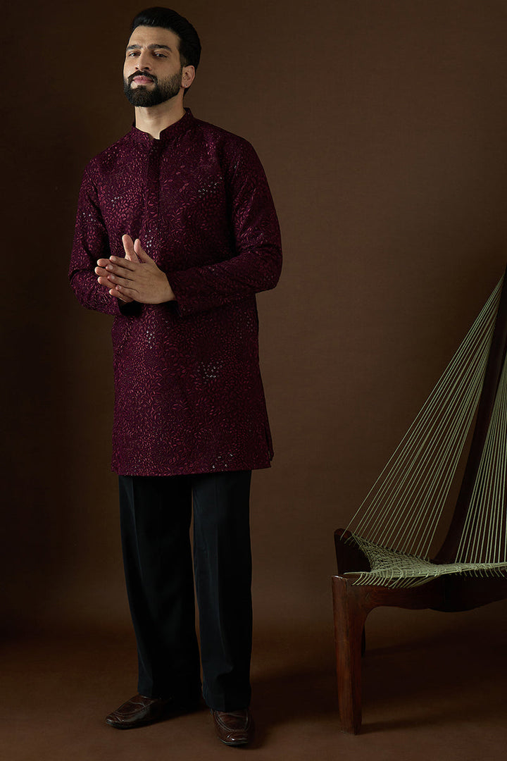 Wine Georgette Solid Embroidered Straight Kurta Sets | SHOBITAM
