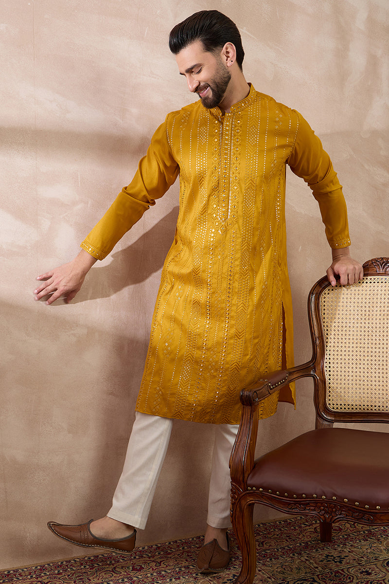 Mustard Silk Blend Embroidered Mandarin Collar Straight Kurta For Men | SHOBITAM