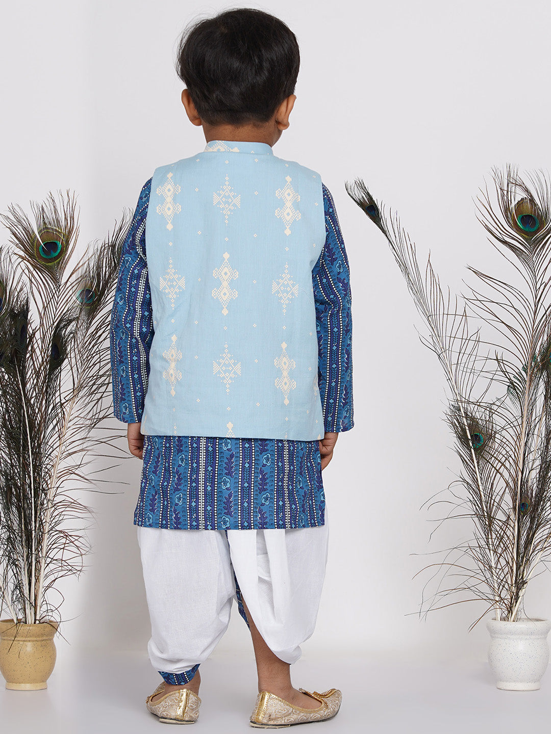 Boys Floral Indigo Kurta with Nehru Jacket and Marwari Dhoti  | SHOBITAM