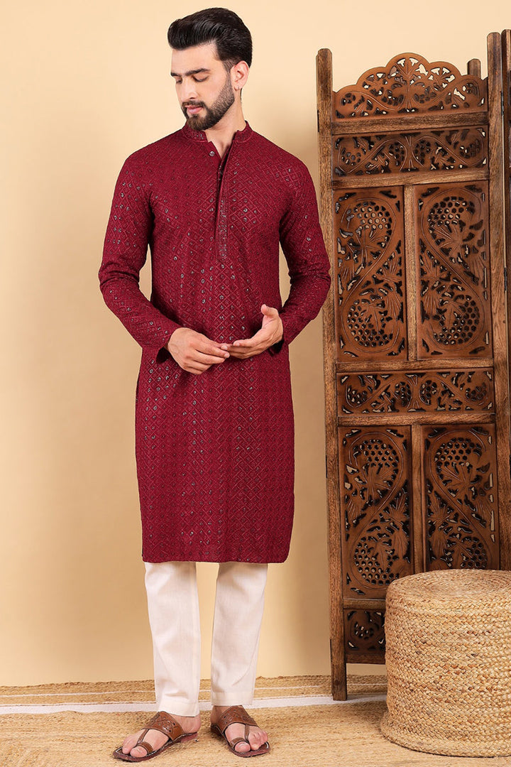 Maroon Viscose Rayon Solid Embroidered Straight Kurta For Men | SHOBITAM