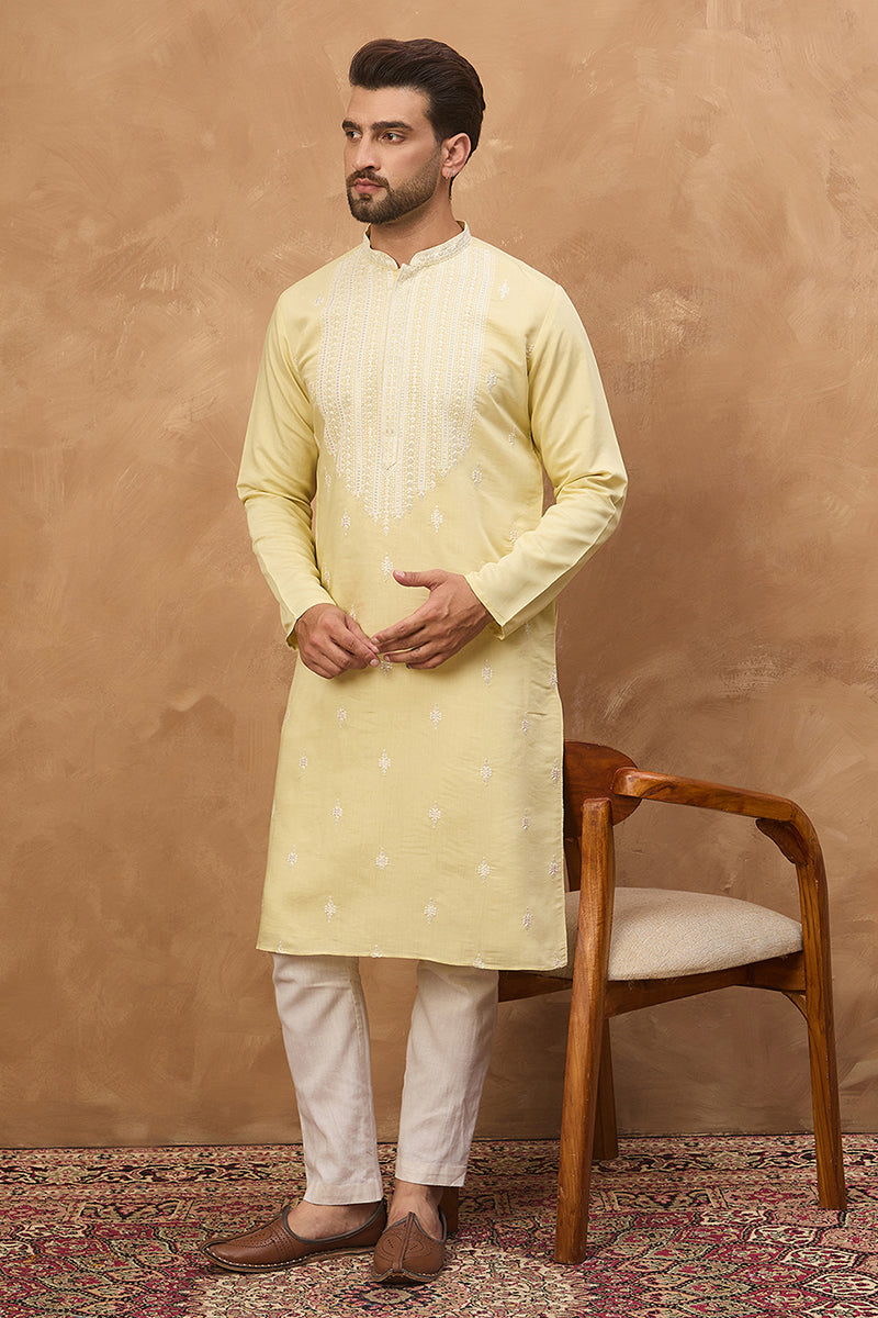 Yellow Silk Blend Solid Embroidered Straight Kurta | SHOBITAM