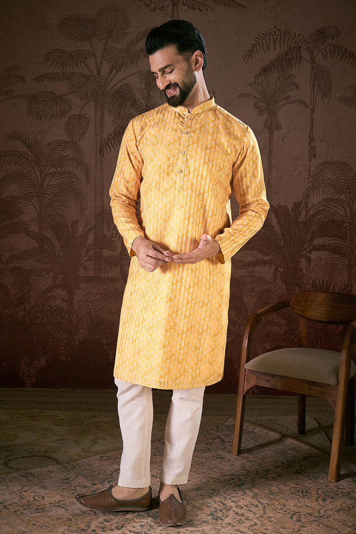 Yellow Silk Blend Ethnic Motifs Printed Straight Kurta For Men | SHOBITAM