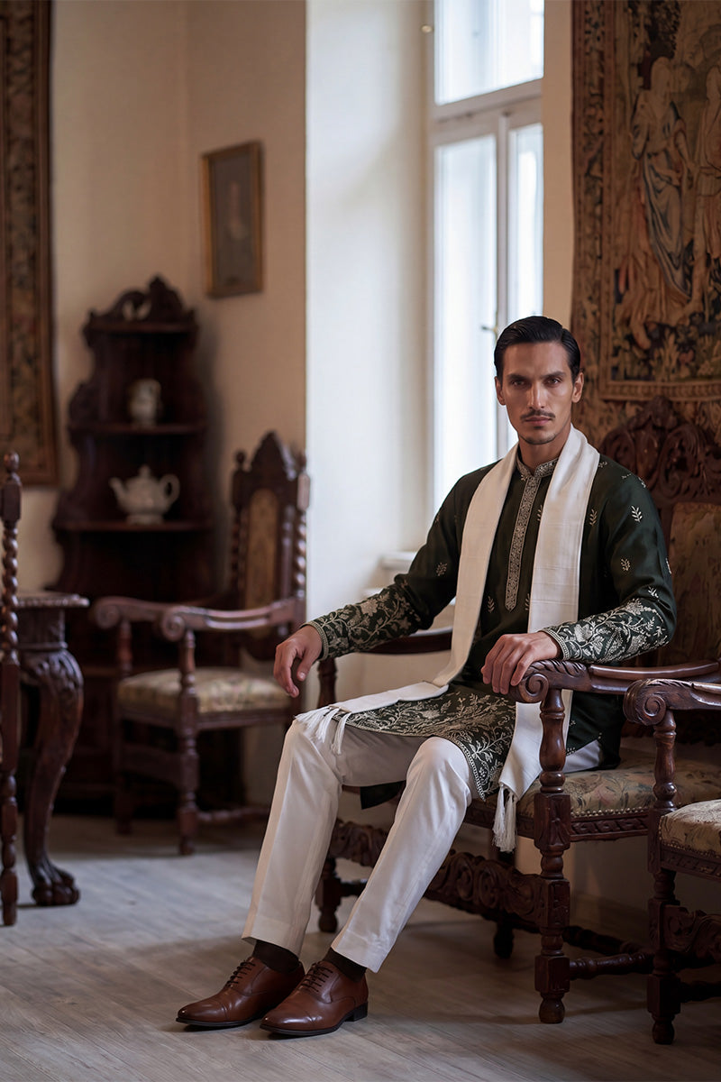 Men Olive Chanderi Silk Solid Embroidered Straight Kurta Trouser with Dupatta  | SHOBITAM