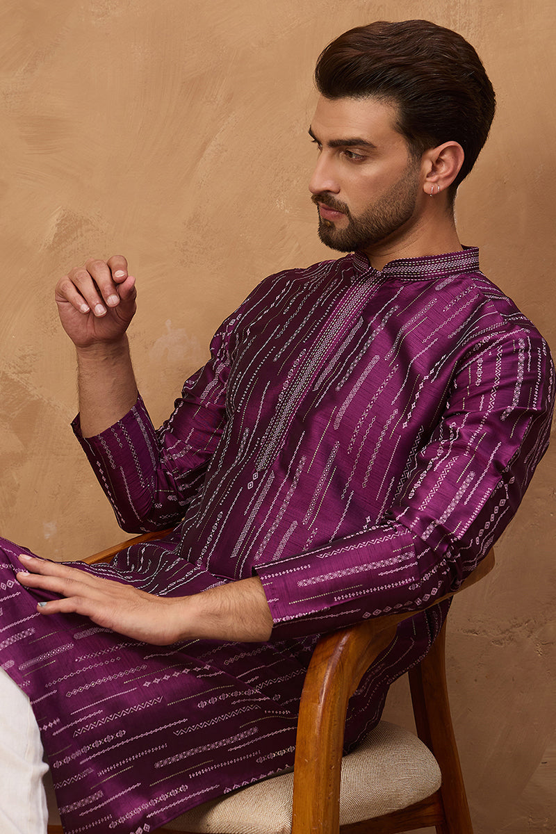 Purple Silk Blend Geometric Printed Straight Kurta | SHOBITAM