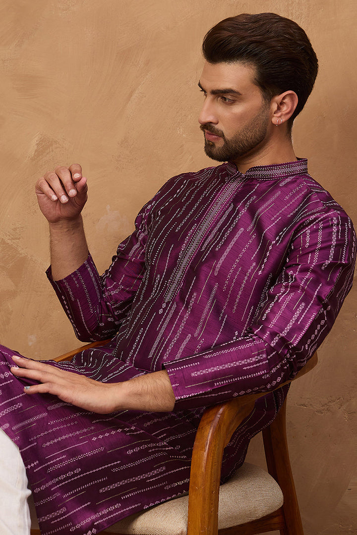 Purple Silk Blend Geometric Printed Straight Kurta | SHOBITAM