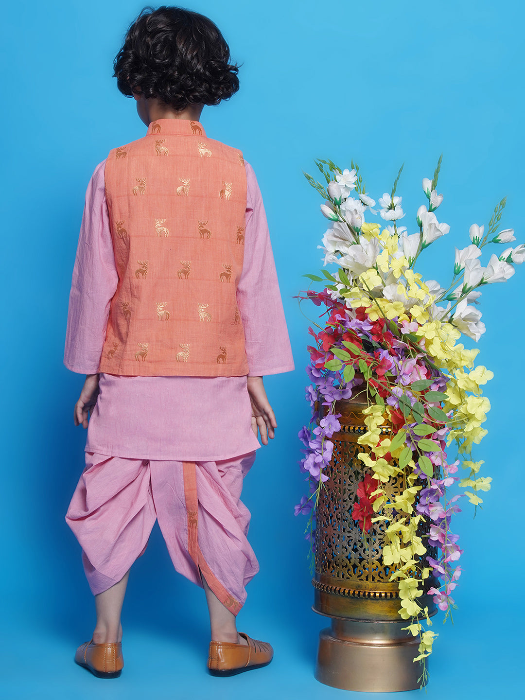 Cotton Sleeveless Golden Deer Embrodiery Nehru Jacket with Kurta and Dhoti - Peach | SHOBITAM