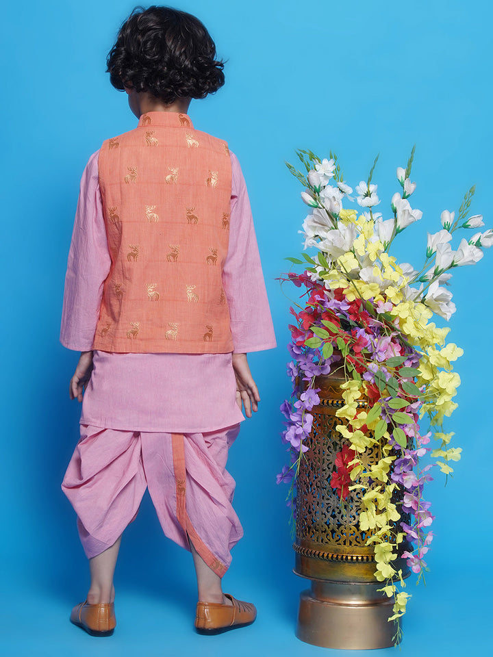 Cotton Sleeveless Golden Deer Embrodiery Nehru Jacket with Kurta and Dhoti - Peach | SHOBITAM
