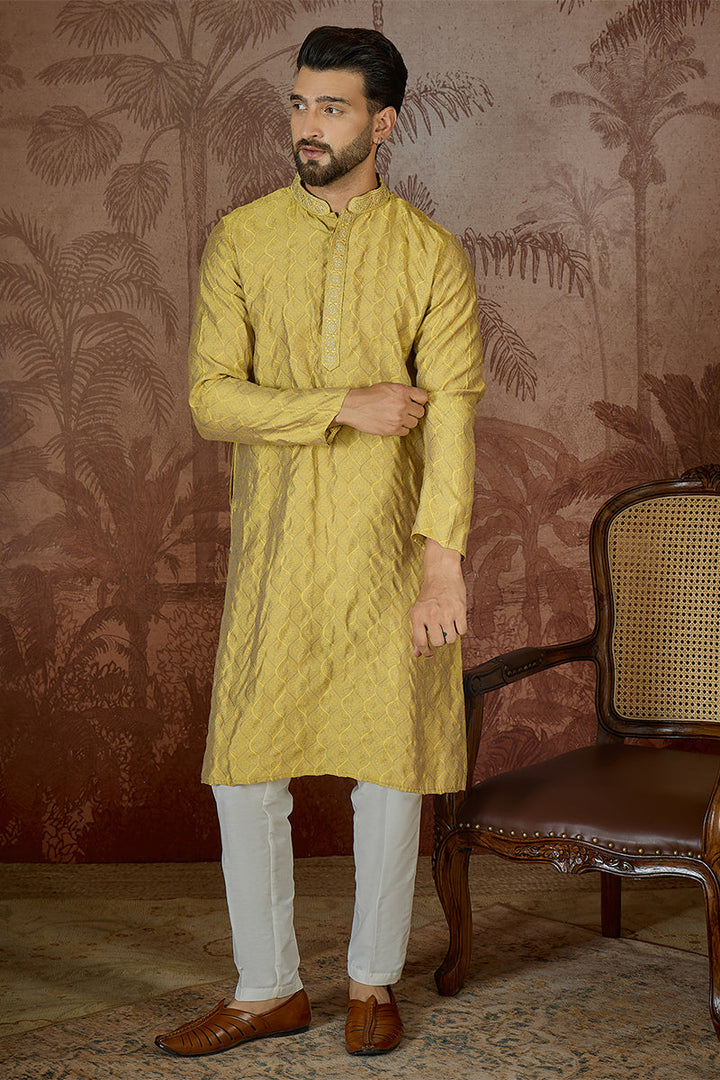 Mens Yellow Jacquard Solid Embroidered Kurta | SHOBITAM