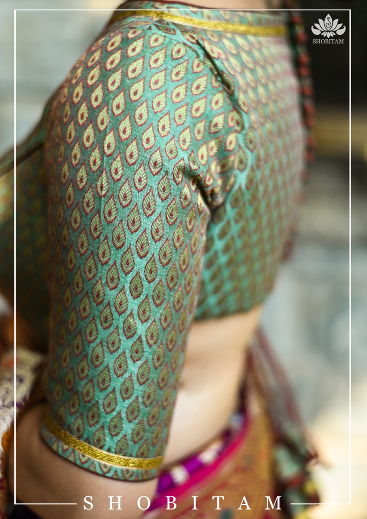 Teal Banarasi Meenakari Buti Brocade Blouse with tie back base