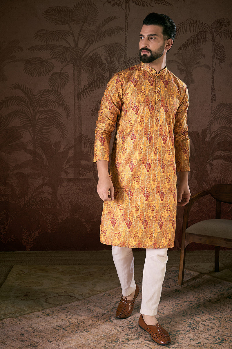 Mustard Silk Blend Ethnic Motifs Printed Straight Kurta With Trouser | SHOBITAM