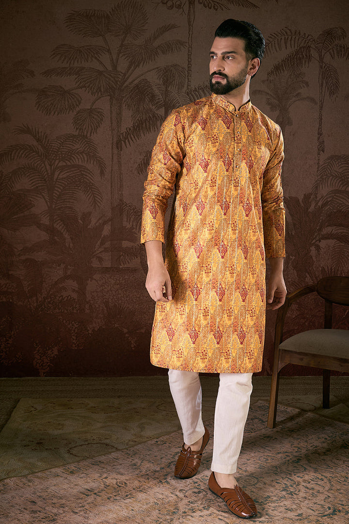 Mustard Silk Blend Ethnic Motifs Printed Straight Kurta With Trouser | SHOBITAM