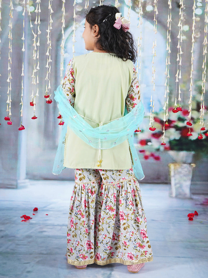 Girls Cotton Full Sleeves Kurta Sharara and Dupatta with Garden Rose Print, Floral Embroidery, Lace & Floral Work - Antique Green | SHOBITAM