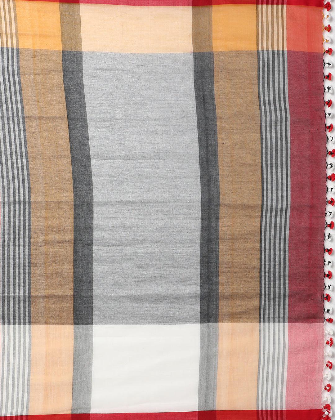 Handloom Colour block Cotton Saree with pompoms | SHOBITAM