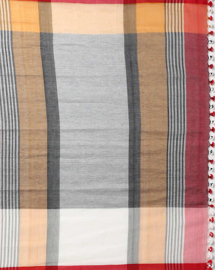 Handloom Colour block Cotton Saree with pompoms | SHOBITAM
