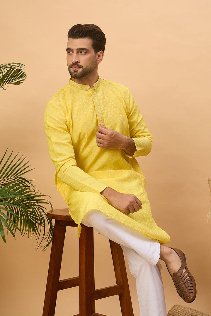 Yellow Silk Blend Solid Embroidered Straight Kurta  | SHOBITAM