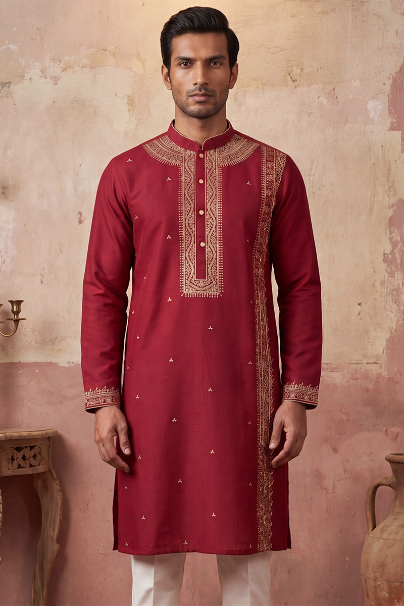 Mens Red Silk Blend Solid Emboidered Straight Kurta With Trouser | SHOBITAM