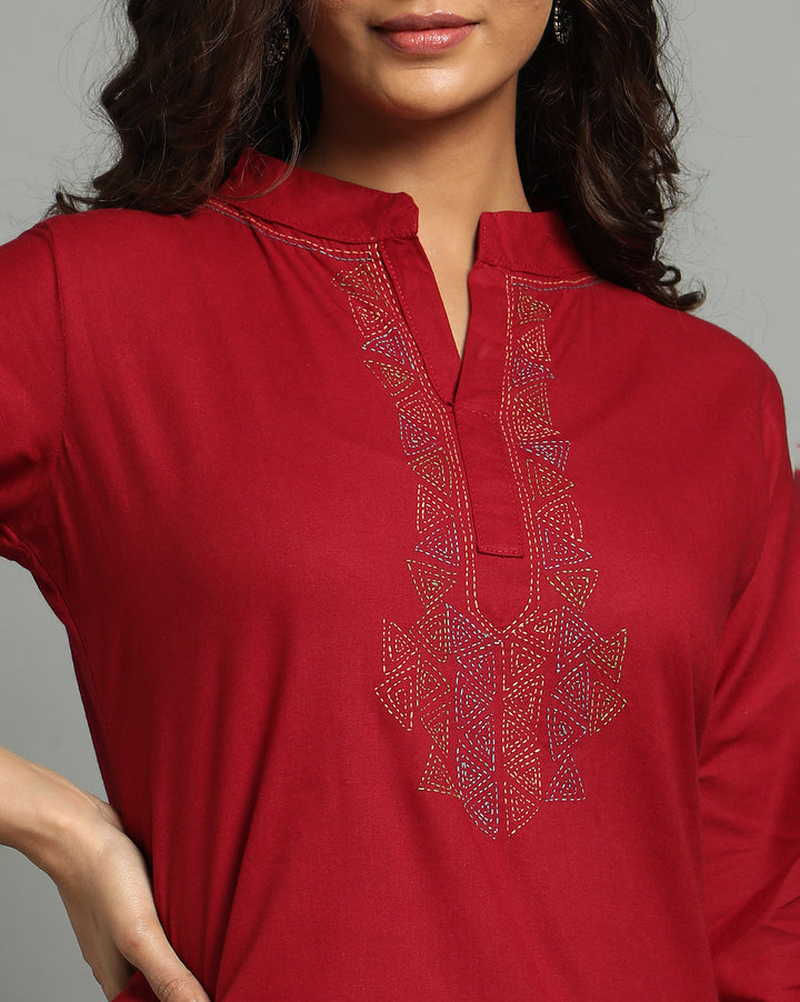 Maroon Kantha Cotton Kurta | SHOBITAM