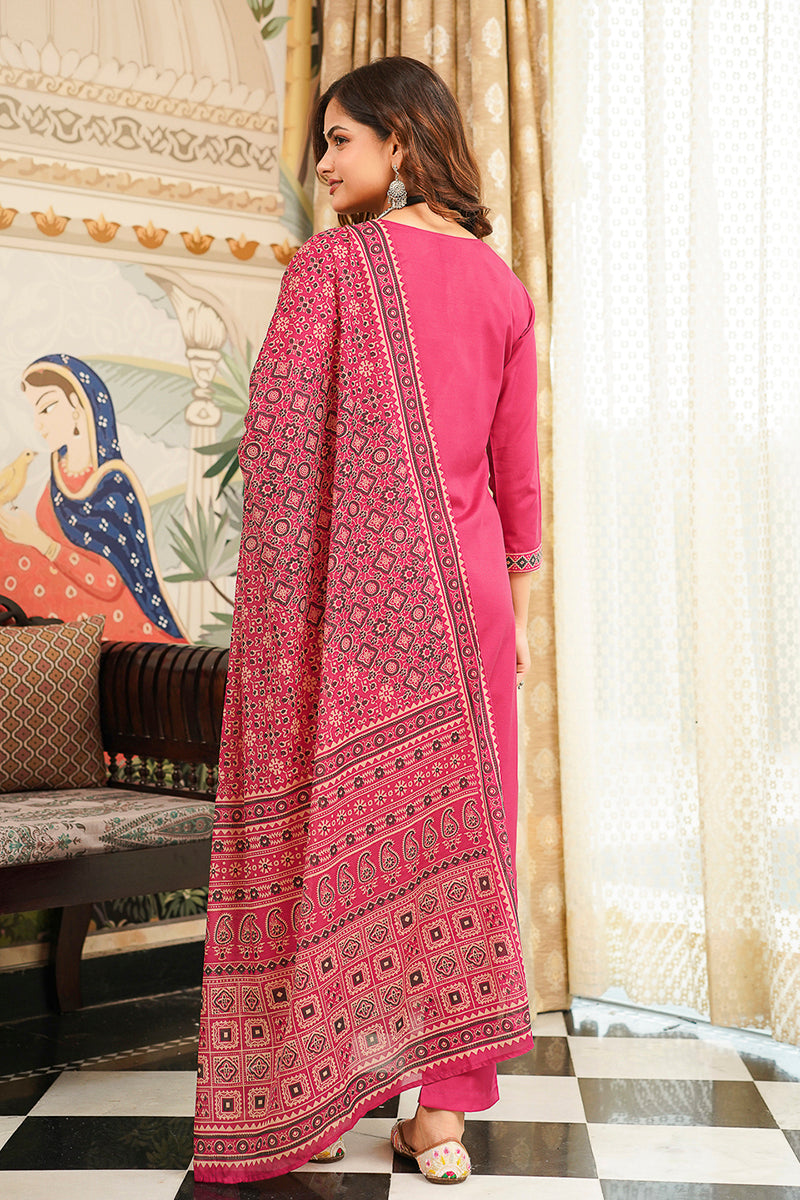 Pink Cotton Blend Ajrakh Printed Straight Kurta Trousers With Dupatta | SHOBITAM