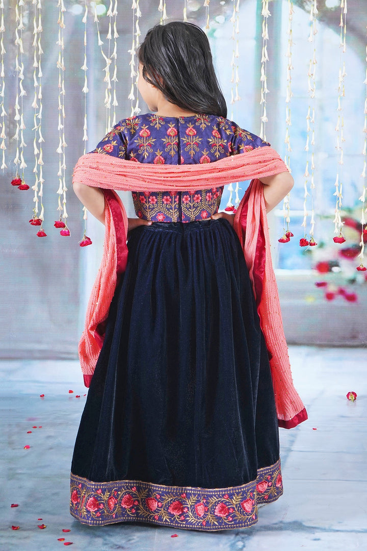 Girl Bageecha Floral Thread work Blouse with Velvet Lehenga and Sequin moti work Dupatta, accompanied with Hand made tassel and Ghungroo work | SHOBITAM
