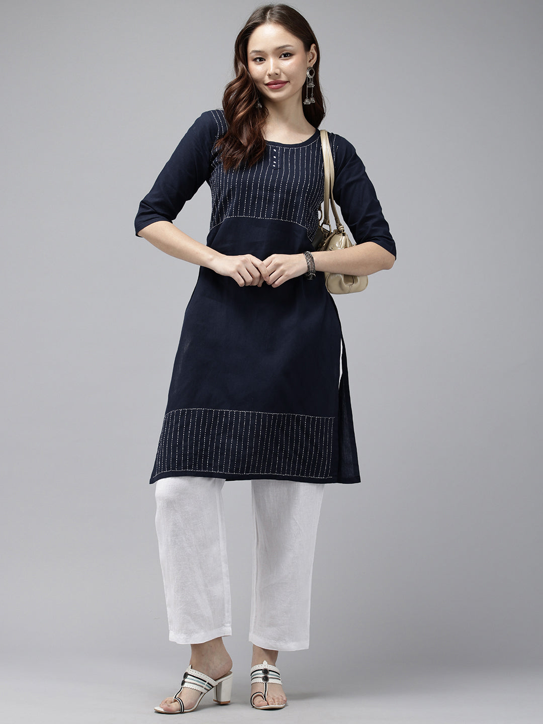 Navy Kantha Cotton Kurta | SHOBITAM