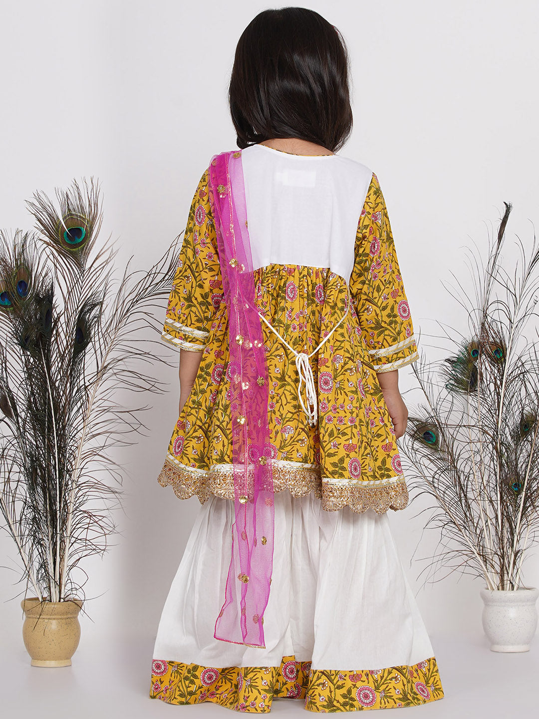 Girls Floral Kurta Frock with Sharara and Dupatta - White & Yellow | SHOBITAM