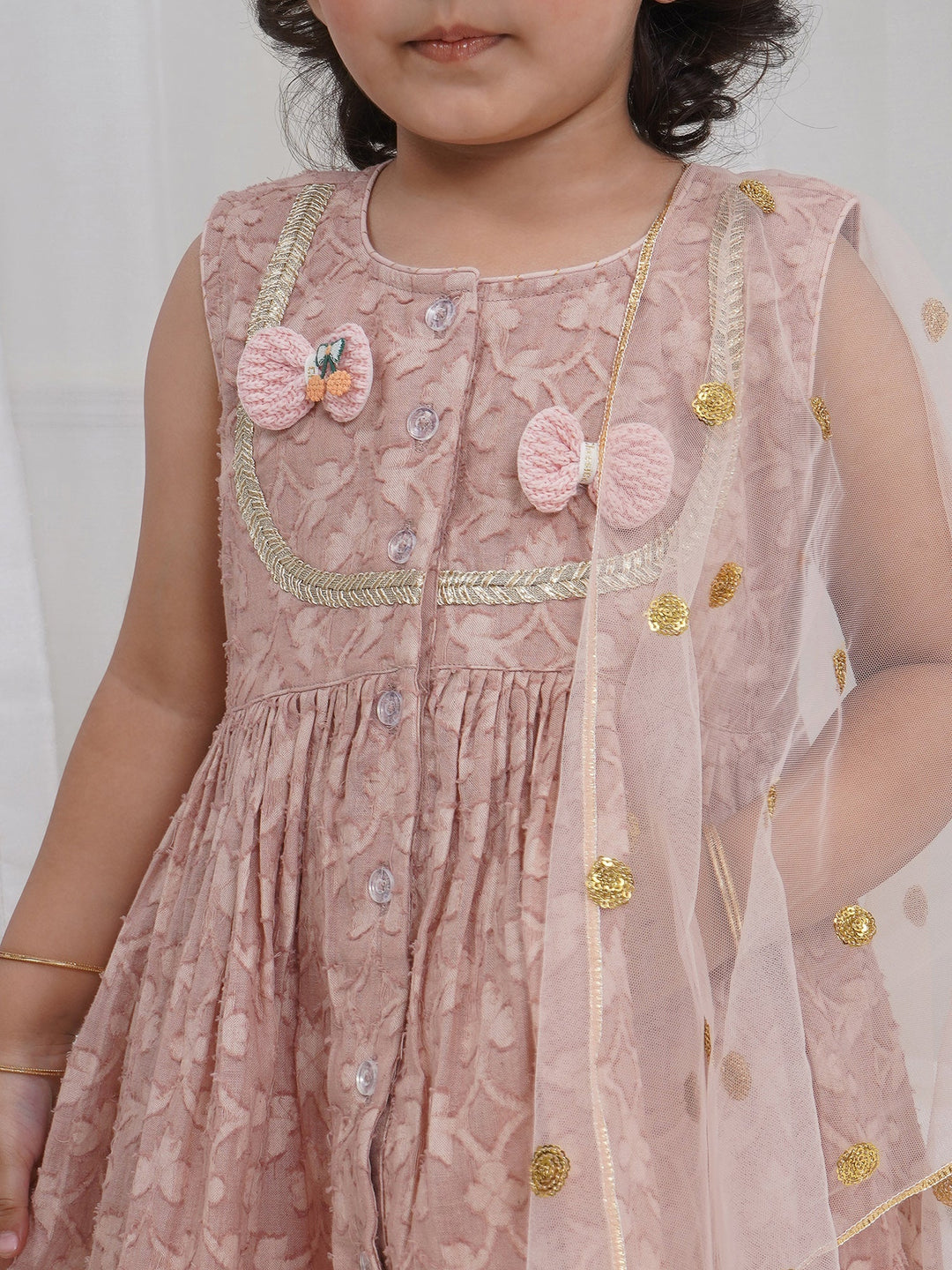 Girls Cotton Sleeveless Floral Self Weaving Kurta with Bow Applique work and Salwar with Dupatta - Mocha Brown