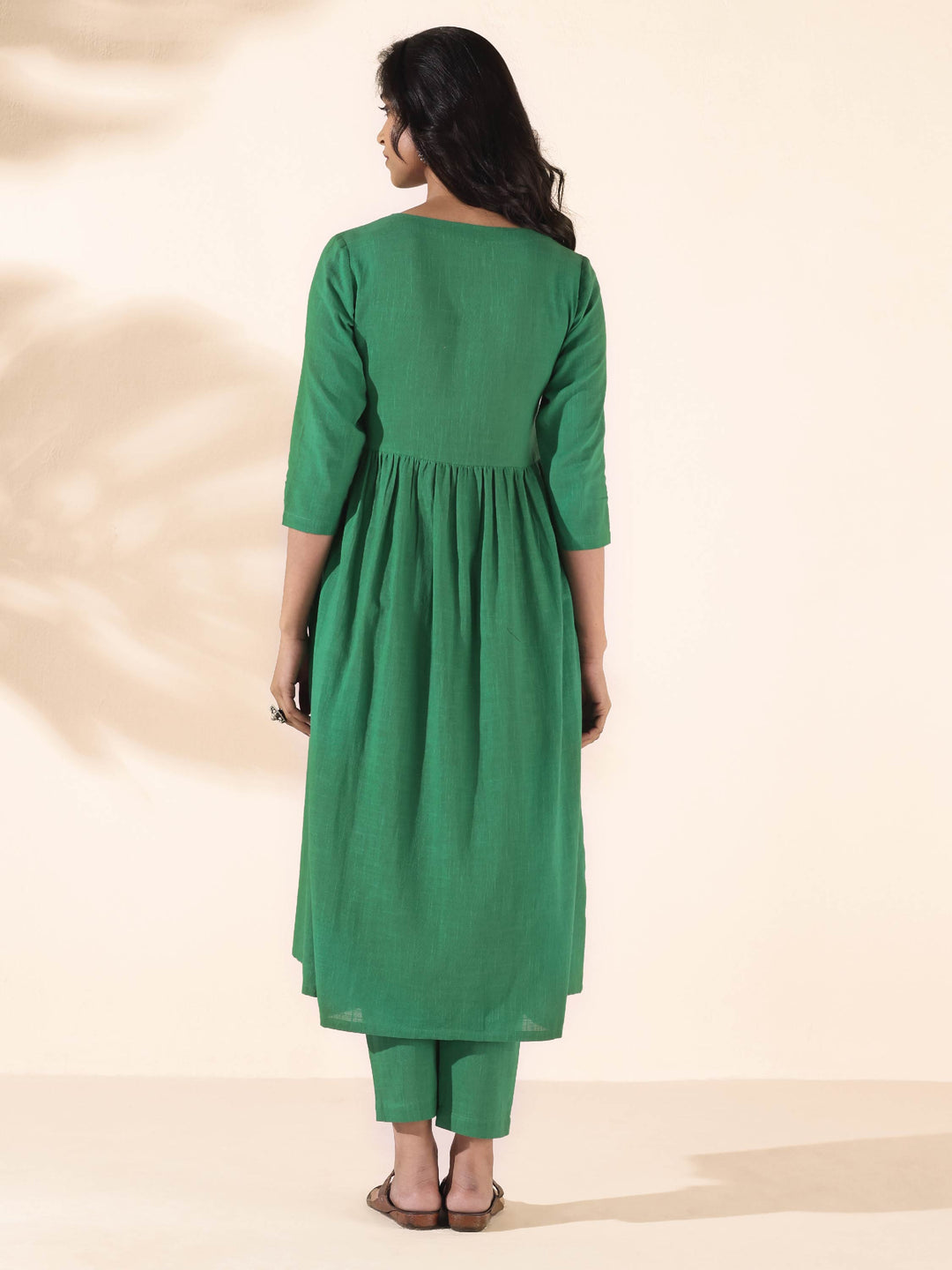 Green Cotton Long Kurta Pant Set | SHOBITAM