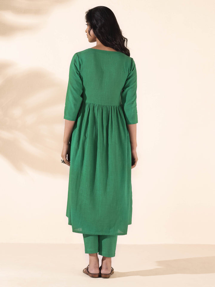 Green Cotton Long Kurta Pant Set | SHOBITAM