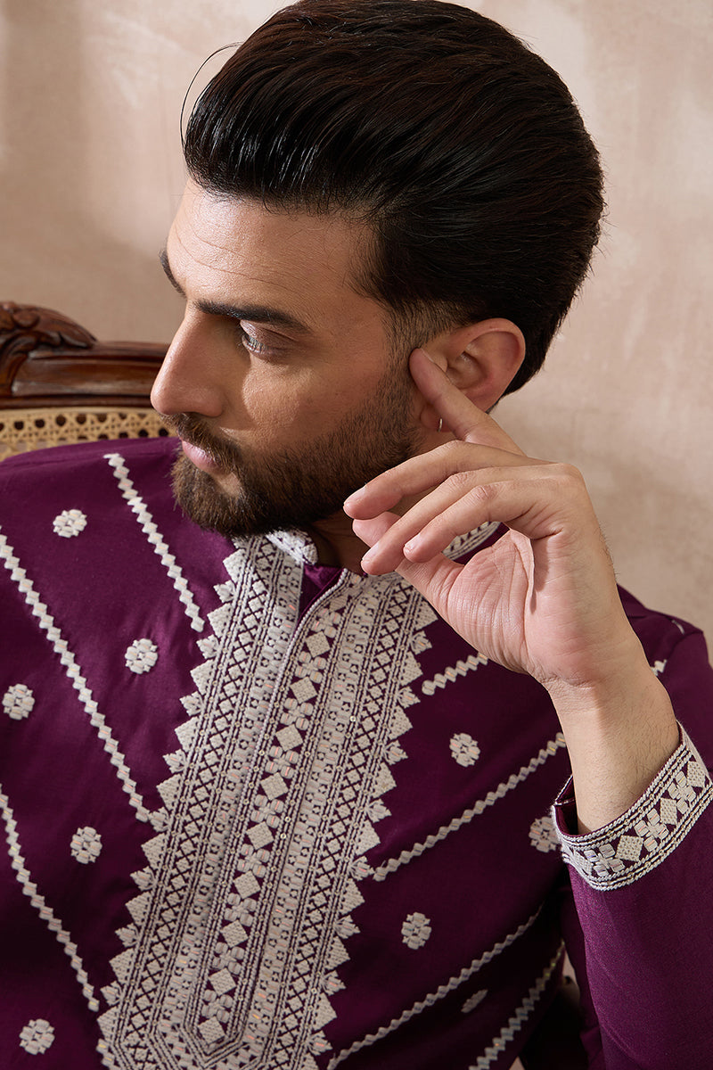 Purple Silk Embroidered Mandarin Collar Straight Kurta | SHOBITAM