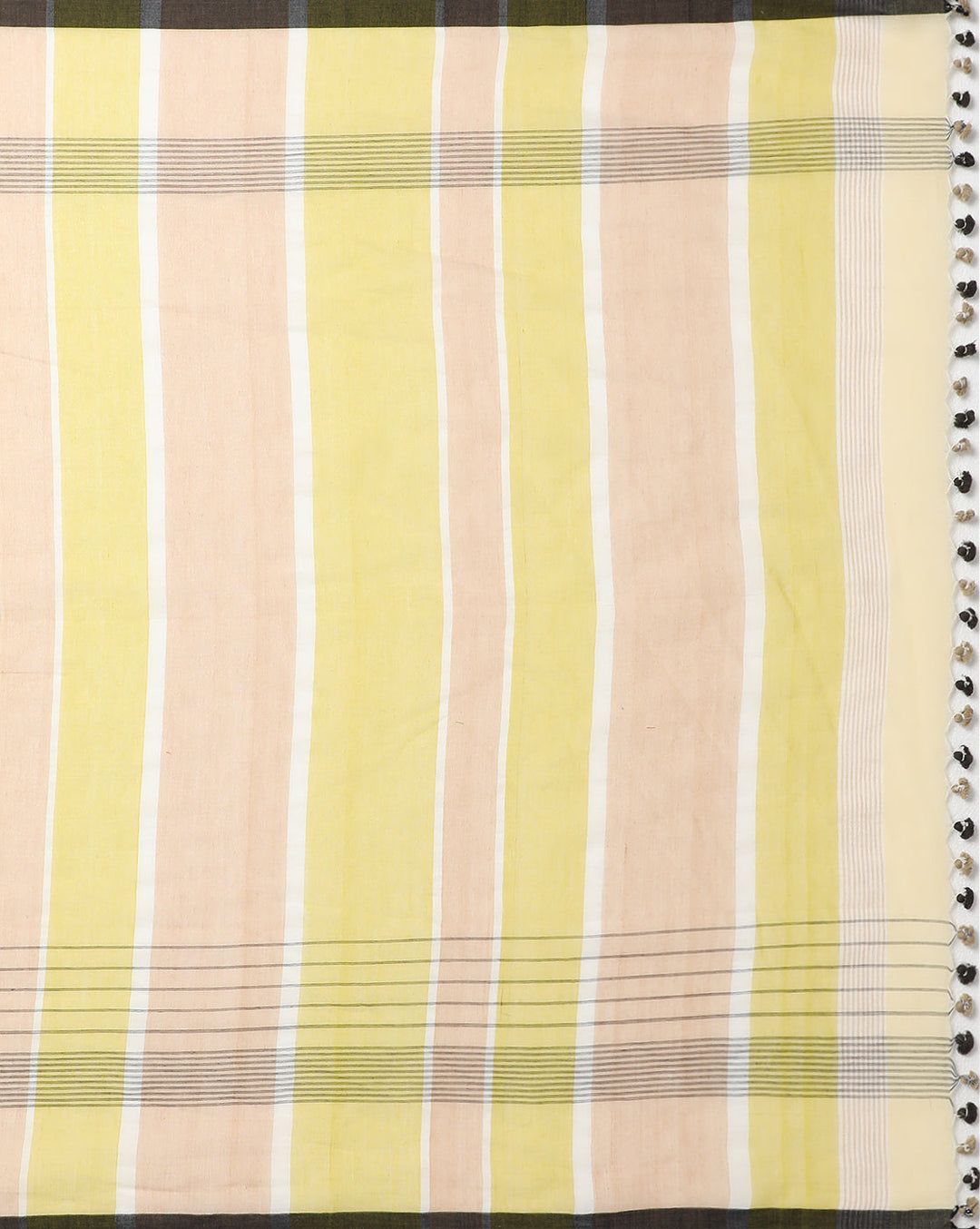 Yellow Cream Colour Block Cotton Saree with pompoms No Blouse Piece | SHOBITAM