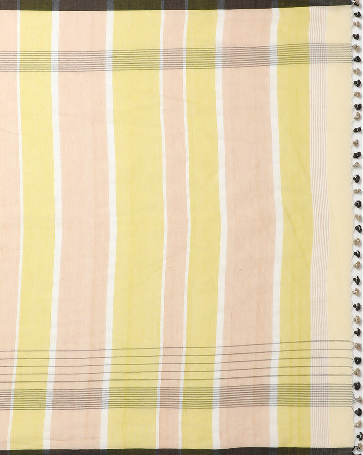 Yellow Cream Colour Block Cotton Saree with pompoms No Blouse Piece | SHOBITAM