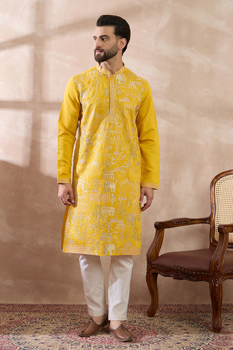 Yellow Silk Blend Embroidered Mandarin Collar Straight Kurta | SHOBITAM