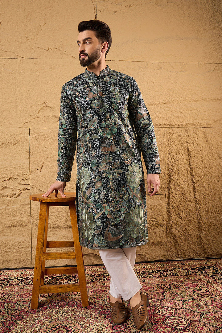 Green Silk Georgette Solid Embroidered Straight Kurta with Trouser  | SHOBITAM