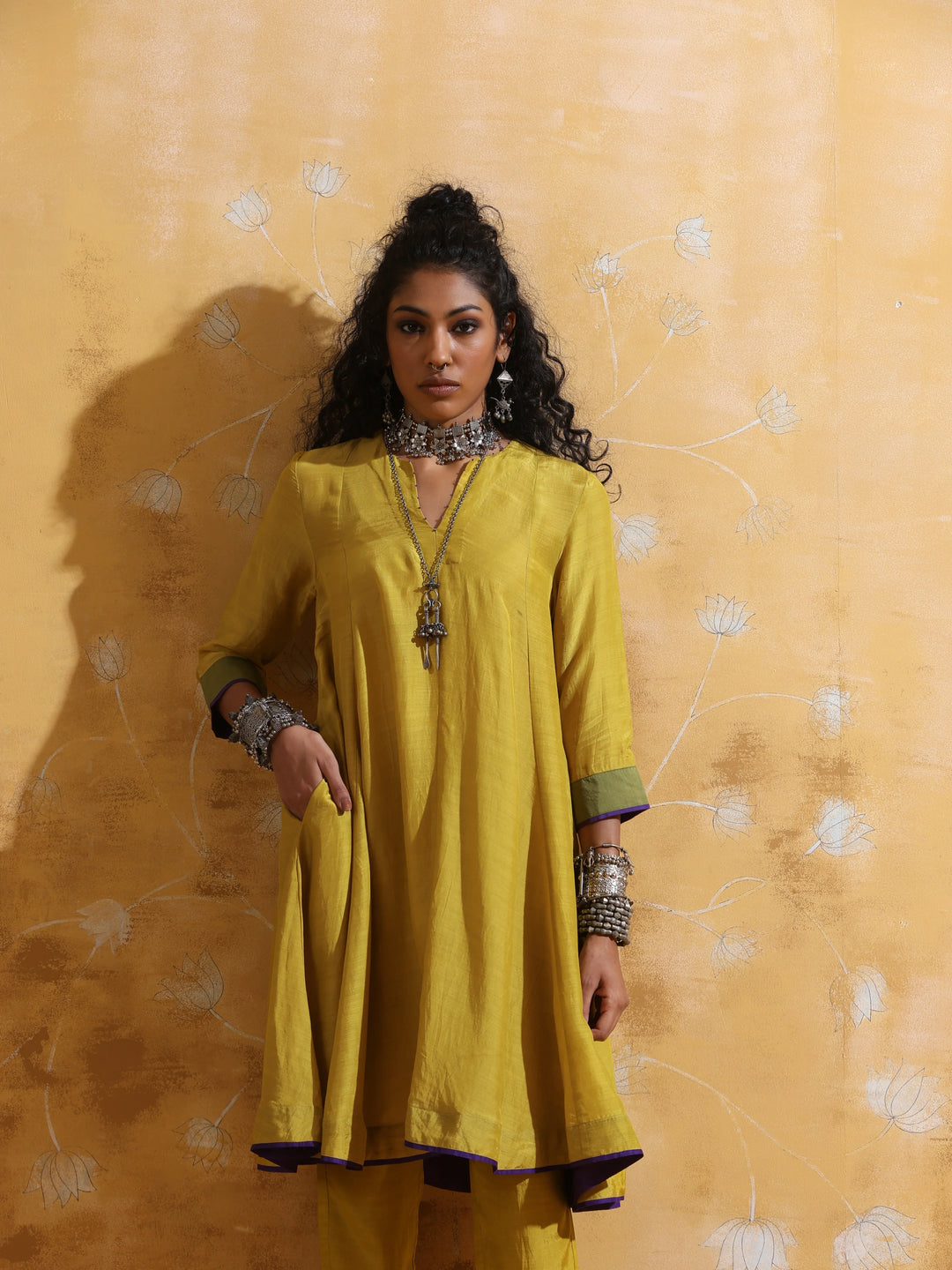 Lime Muslin Silk Flared Kurta Co-ord Set | SHOBITAM
