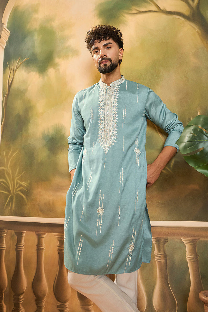 Blue Silk Blend Solid Embroidered Straight Kurta with Trouser | SHOBITAM