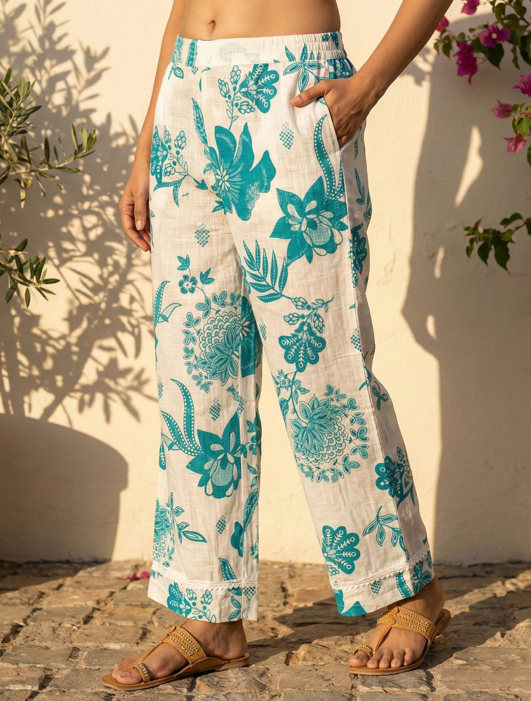 White Blue Floral Print Kurta Pant Set | SHOBITAM