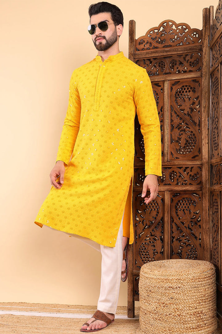 Yellow Viscose Rayon Solid Embroidered Straight Kurta with Trousers | SHOBITAM