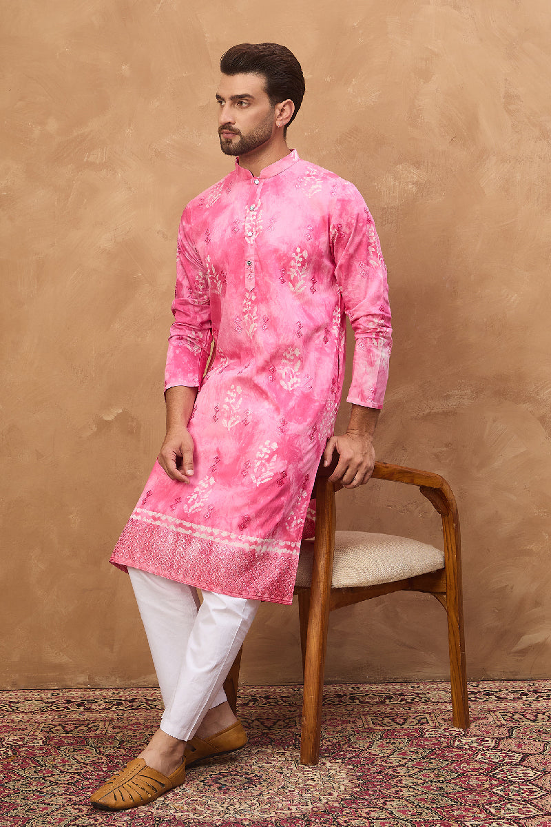 Pink Silk Blend Batik Embroidered Straight Kurta  | SHOBITAM