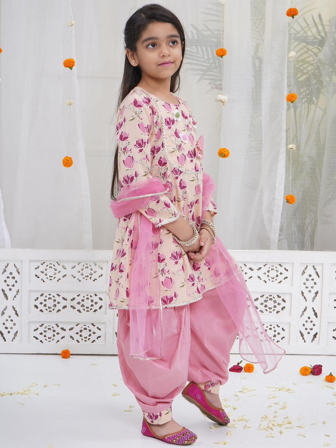 Peach Lotus Print Cotton Kurta Salwar Set with Butterfly handwork and Dupatta | SHOBITAM