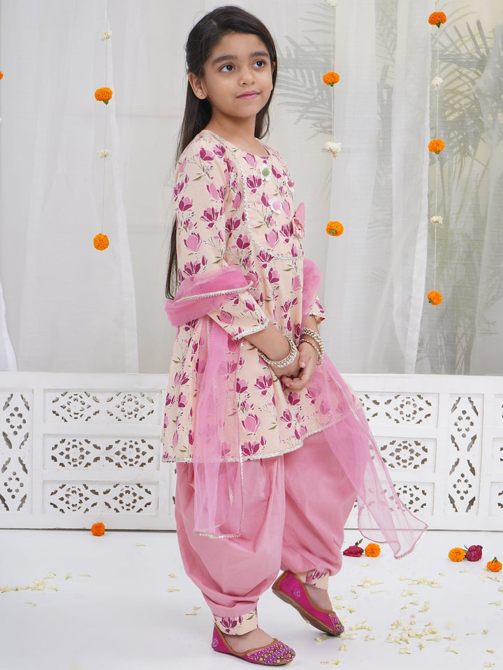 Peach Lotus Print Cotton Kurta Salwar Set with Butterfly handwork and Dupatta | SHOBITAM