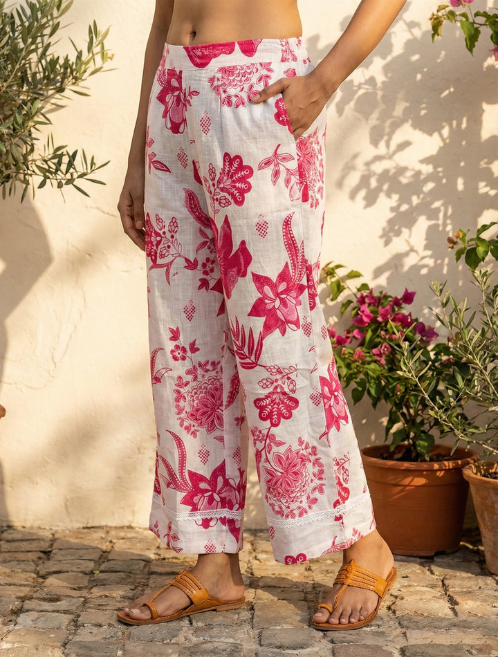 White Pink Floral Print Kurta Pant Set | SHOBITAM